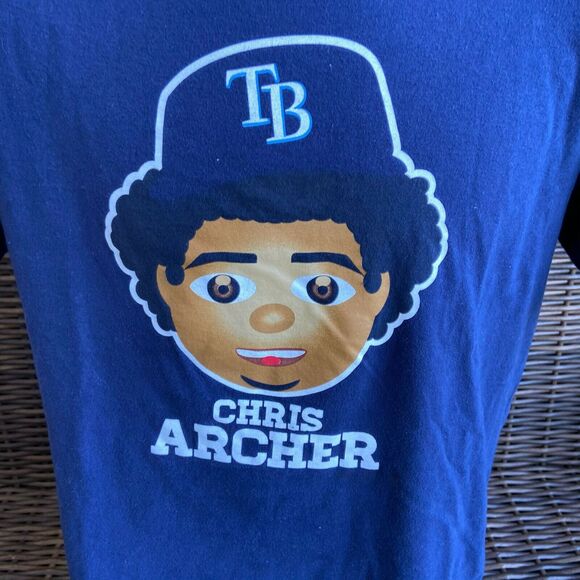 Majestic Mens T-Shirt Size Large Tampa Bay Rays Chris Archer Pitcher Navy Blue - Picture 2 of 5